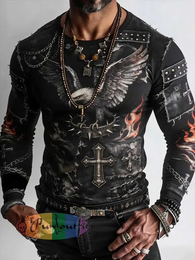 Men’s Retro Punk Style Skull Cross Patchwork Printed Comfortable Sweatshirt