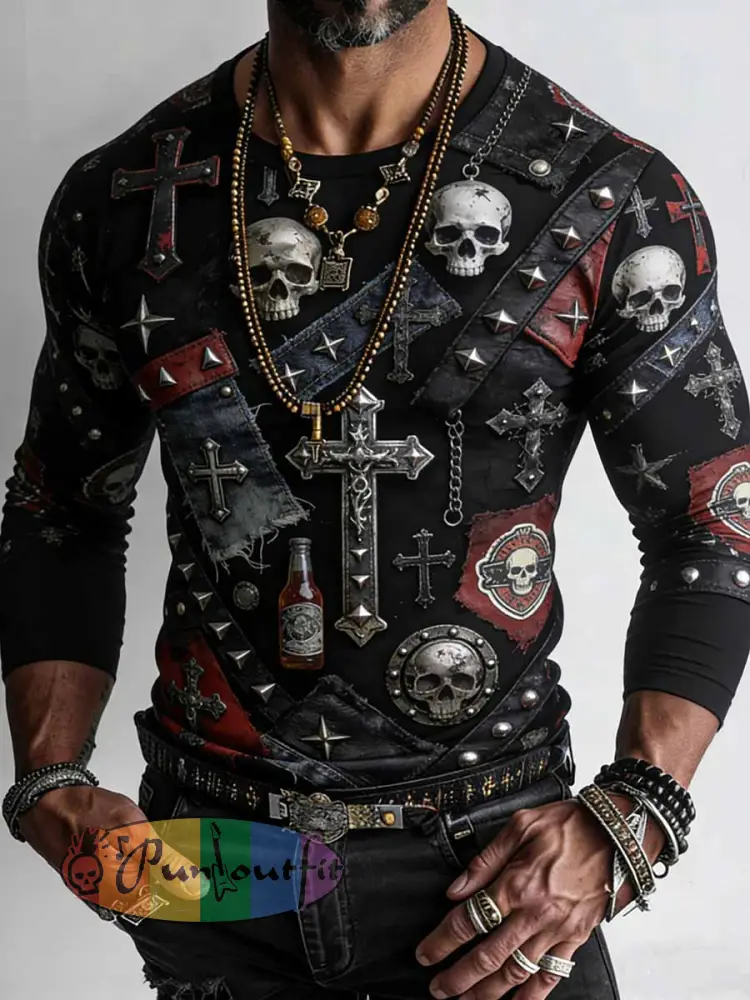 Men’s Retro Punk Style Skull Cross Patchwork Printed Comfortable Sweatshirt