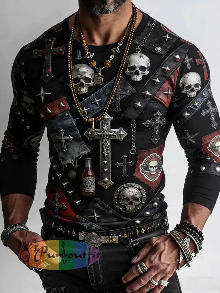 Men’s Retro Punk Style Skull Cross Patchwork Printed Comfortable Sweatshirt