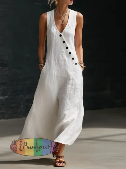 Women’s V-neck button-down cotton linen sleeveless vest dress