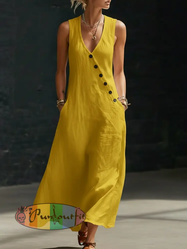 Women’s V-neck button-down cotton linen sleeveless vest dress