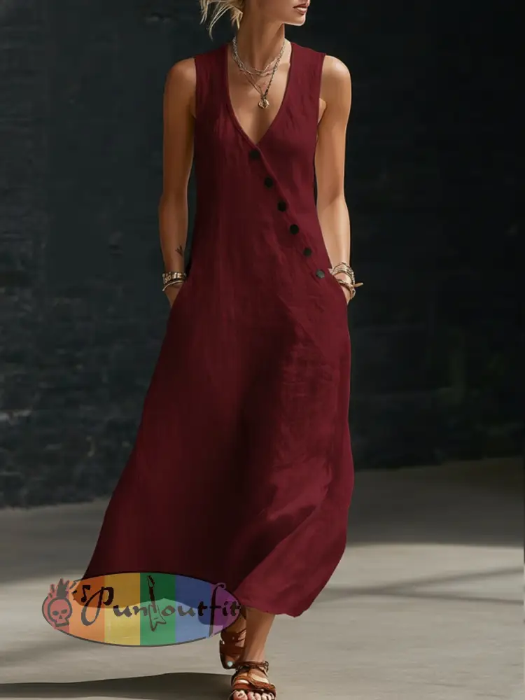 Women’s V-neck button-down cotton linen sleeveless vest dress
