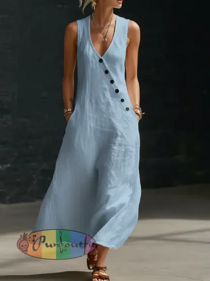 Women’s V-neck button-down cotton linen sleeveless vest dress