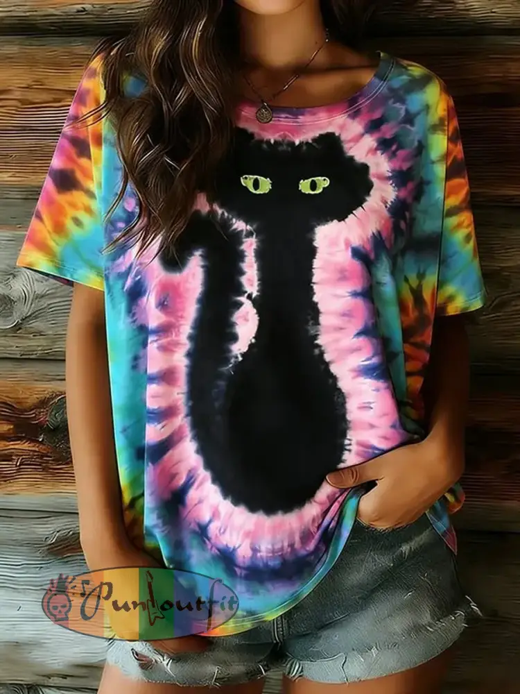 Women’s Hippie Abstract Cat Tie-dye Pattern Casual T-shirt