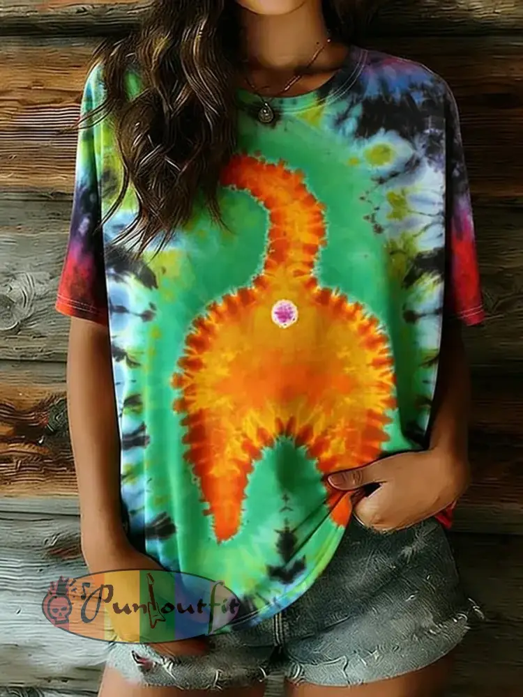 Women’s Hippie Abstract Cat Tie-dye Pattern Casual T-shirt