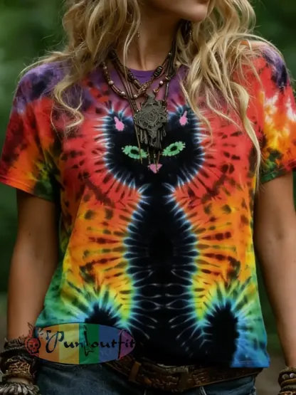 Women’s Hippie Abstract Cat Tie-dye Pattern Casual T-shirt