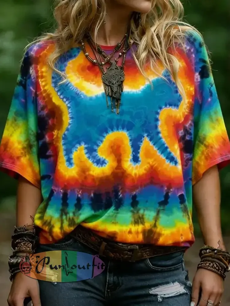 Women’s Hippie Abstract Cat Tie-dye Pattern Casual T-shirt