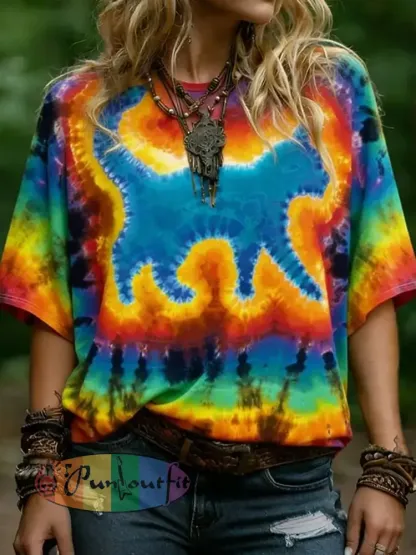 Women’s Hippie Abstract Cat Tie-dye Pattern Casual T-shirt