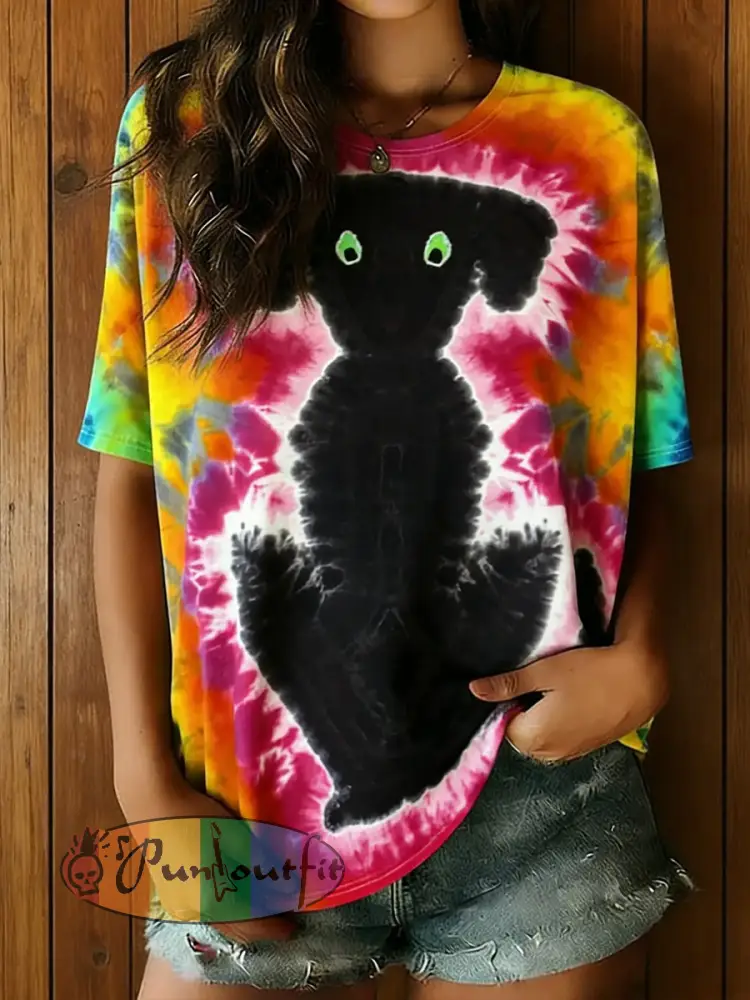Women’s Hippie Abstract Dog Tie-dye Pattern Casual T-shirt