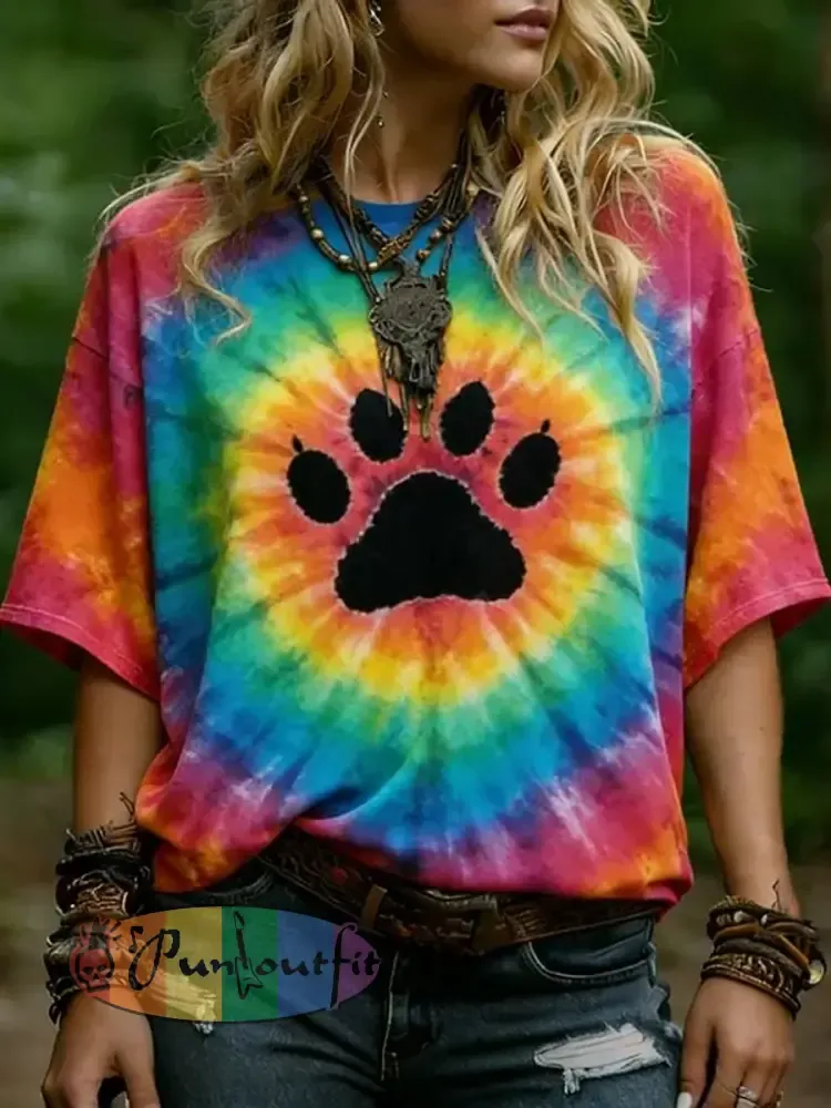 Women’s Hippie Abstract Paws Tie-dye Pattern Casual T-shirt