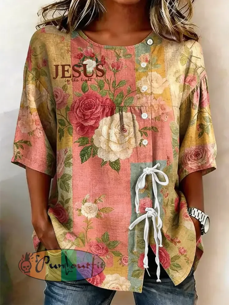 Women’s Jesus Is The Light Plant And Flower Buttoned And Laced Cotton And Linen Shirt