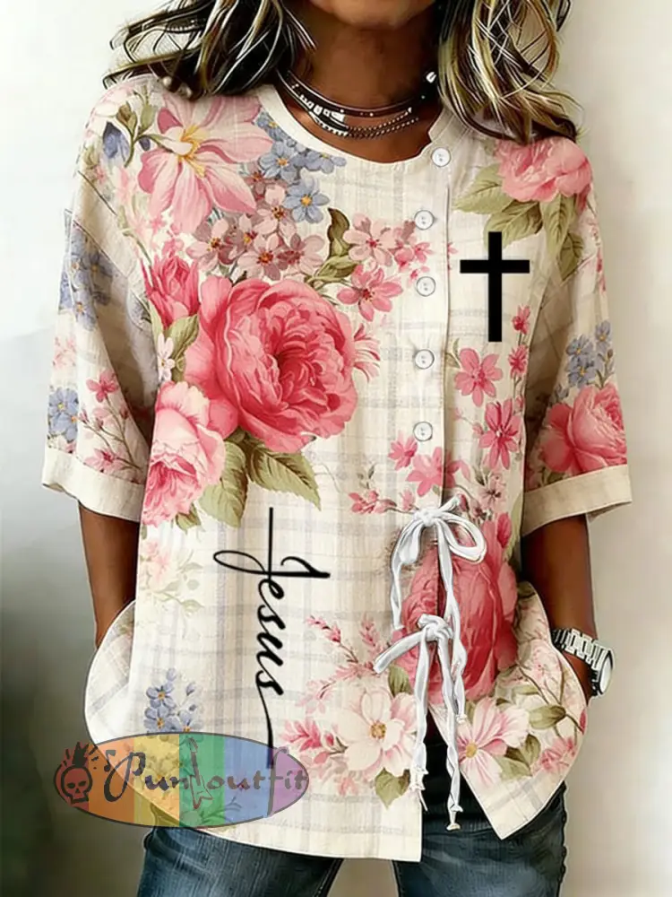 Women’s Jesus Plant And Flower Buttoned And Laced Cotton And Linen Shirt