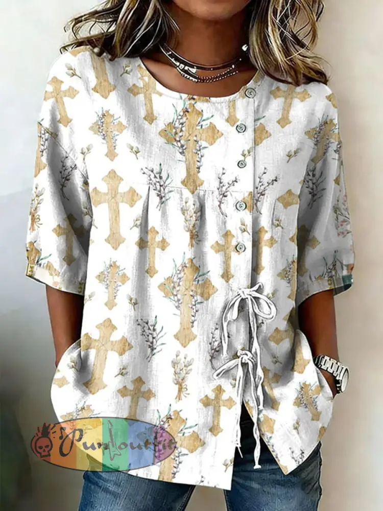 Women’s Faith Flower Button Strap Cotton And Linen Shirt