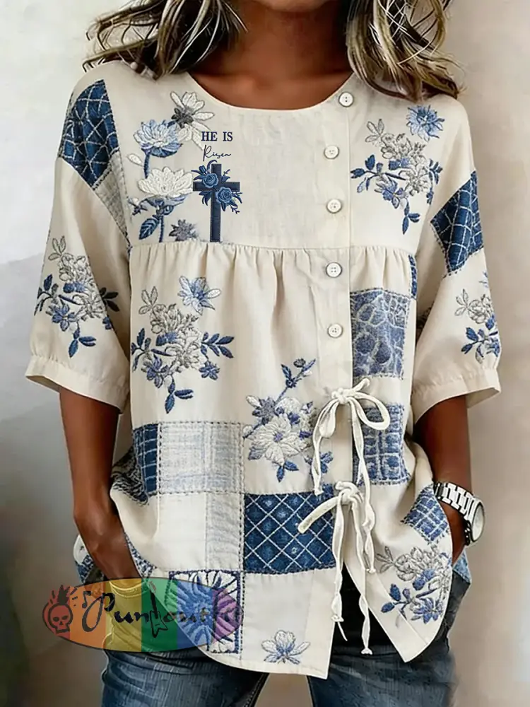 Women’s He Is Risen Flower Button Strap Cotton And Linen Shirt