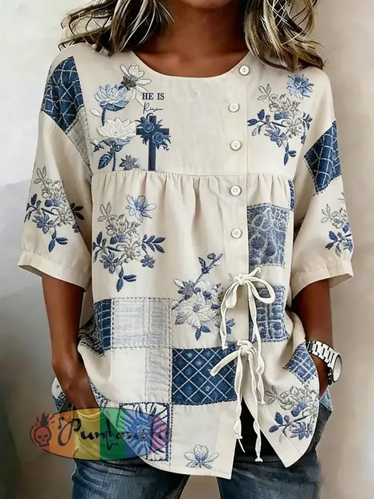 Women’s He Is Risen Flower Button Strap Cotton And Linen Shirt