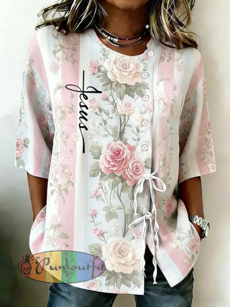 Women’s Faith Flower Button Strap Cotton And Linen Shirt
