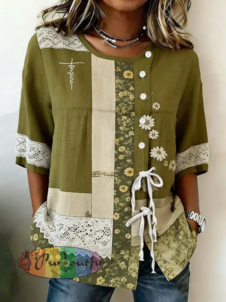 Women’s Faith Flower Button Strap Cotton And Linen Shirt