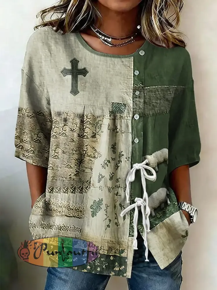 Women’s Faith Flower Button Strap Cotton And Linen Shirt