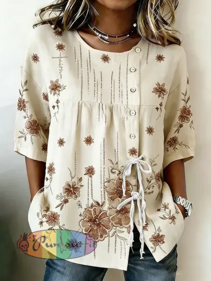 Women’s Faith Flower Button Strap Cotton And Linen Shirt