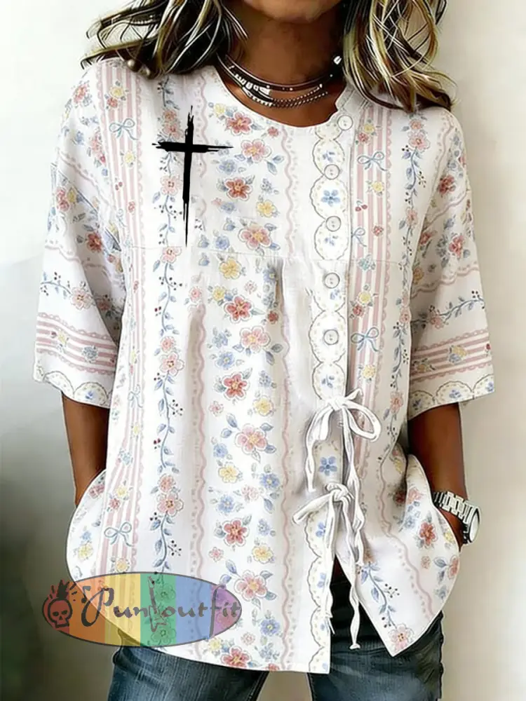 Women’s Cross Flower Button Strap Cotton And Linen Shirt