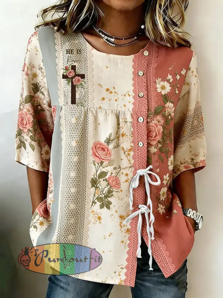 Women’s Faith Flower Button Strap Cotton And Linen Shirt
