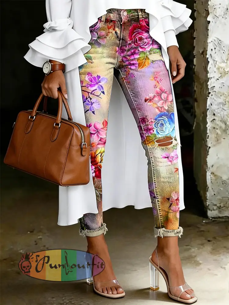 Women’s Artistic Floral Print Jeans