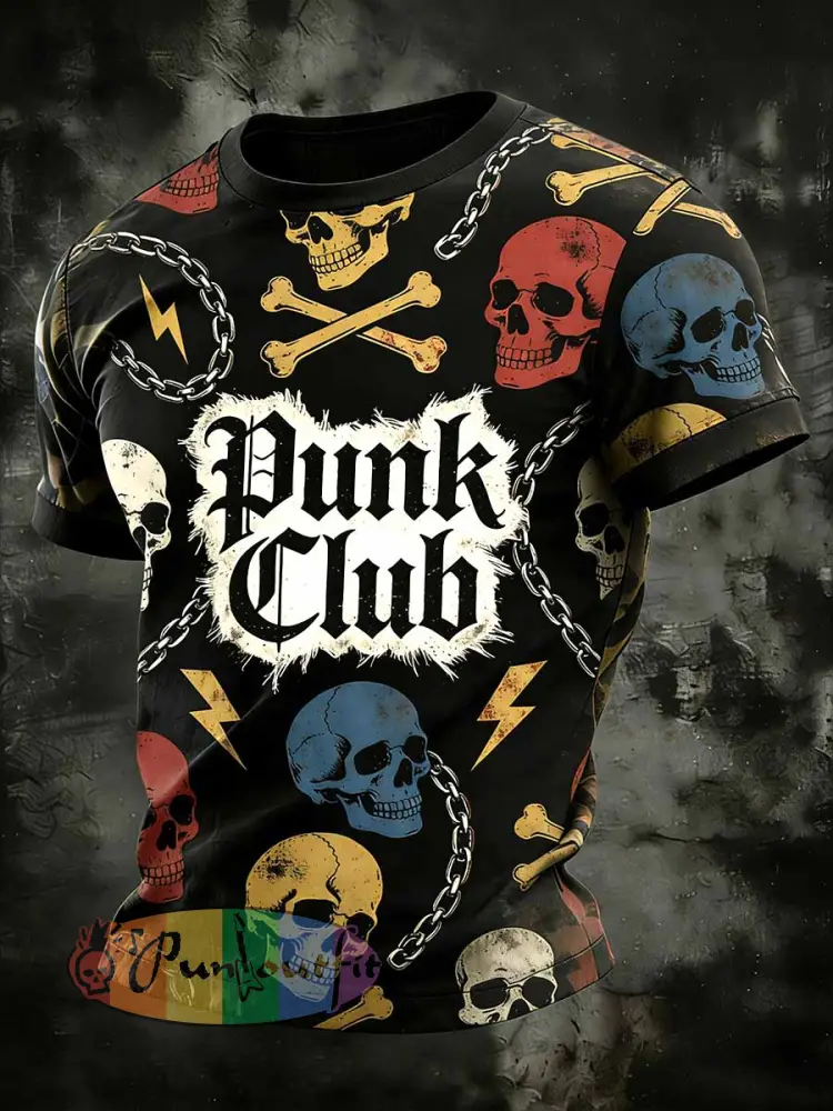 Men’s Retro Punk Style Skull Patchwork Printed Comfortable T-shirt