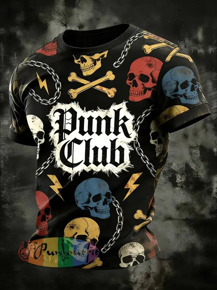 Men’s Retro Punk Style Skull Patchwork Printed Comfortable T-shirt