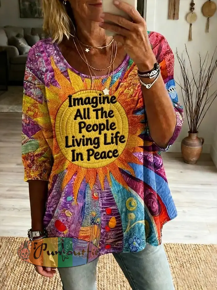 Women’s Vintage Hippie Peace Patchwork Print Linen T-shirt