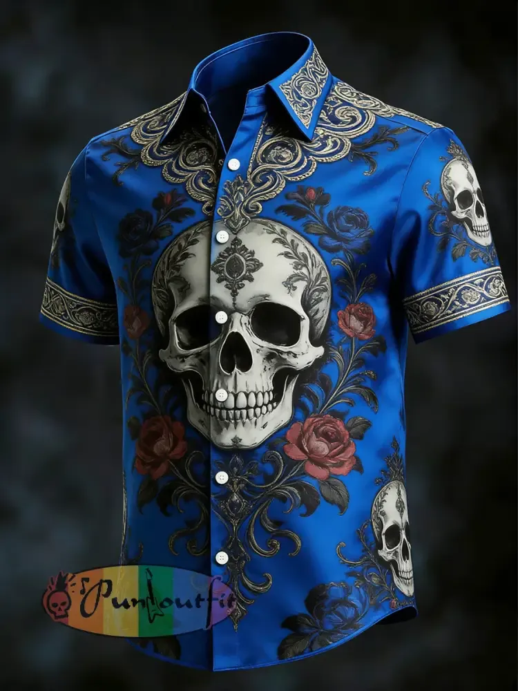 Men’s Gothic Skull Print Casual Short Sleeved Shirt