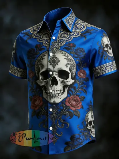 Men’s Gothic Skull Print Casual Short Sleeved Shirt