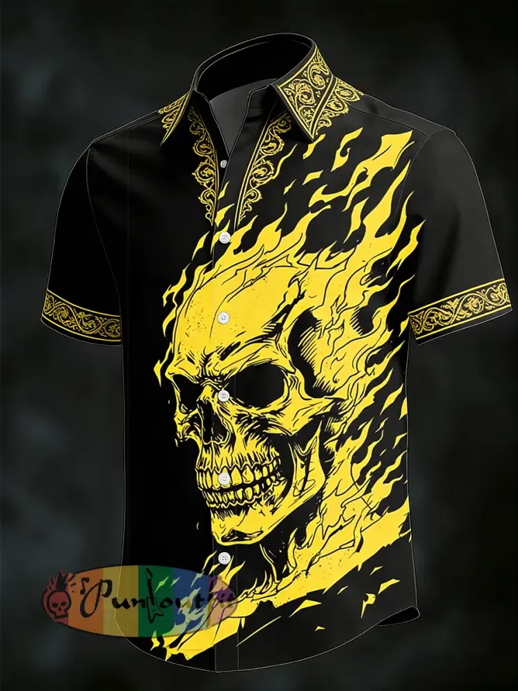 Men’s Gothic Skull Print Casual Short Sleeved Shirt