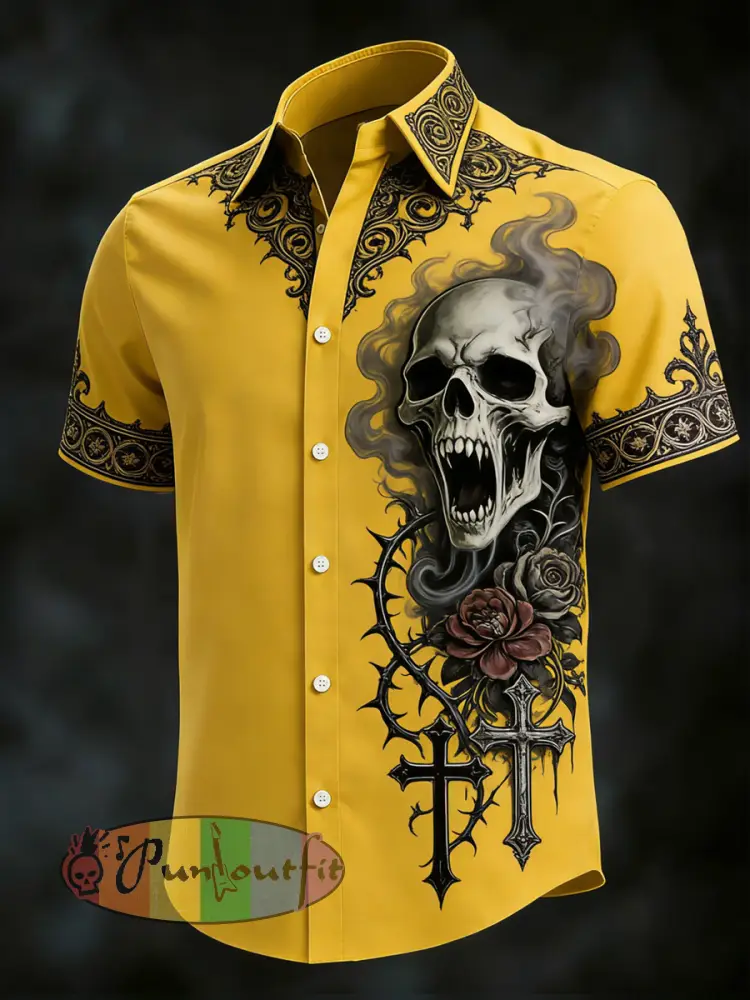 Men’s Gothic Skull Print Casual Short Sleeved Shirt