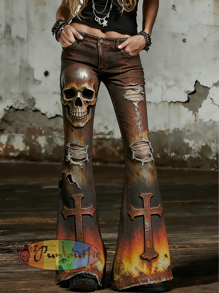 Women’s Gothic Skull Art Print Flared Trousers