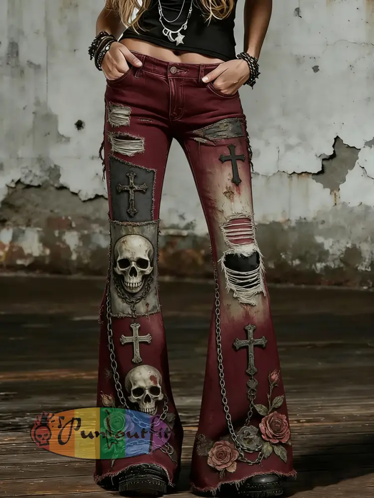 Women’s Gothic Skull Art Print Flared Trousers