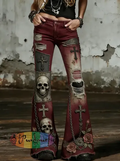 Women’s Gothic Skull Art Print Flared Trousers