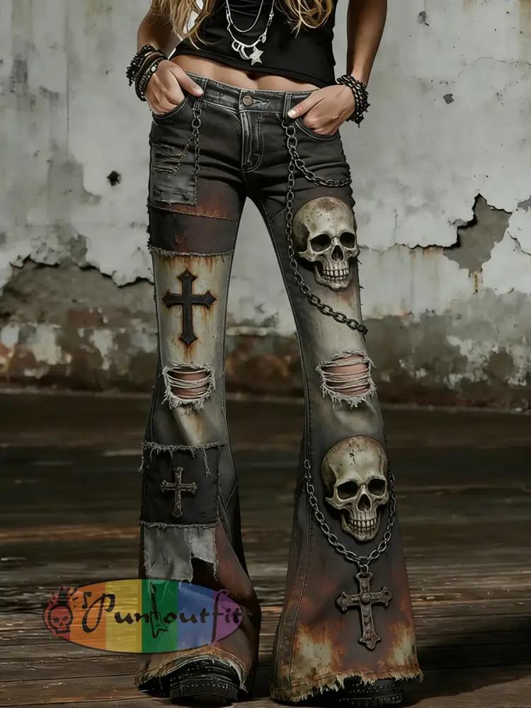 Women’s Gothic Skull Art Print Flared Trousers