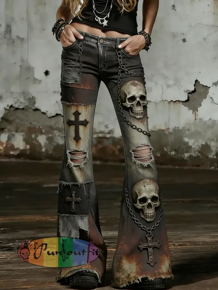 Women’s Gothic Skull Art Print Flared Trousers