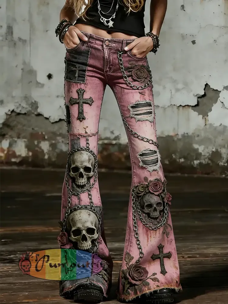 Women’s Gothic Skull Art Print Flared Trousers