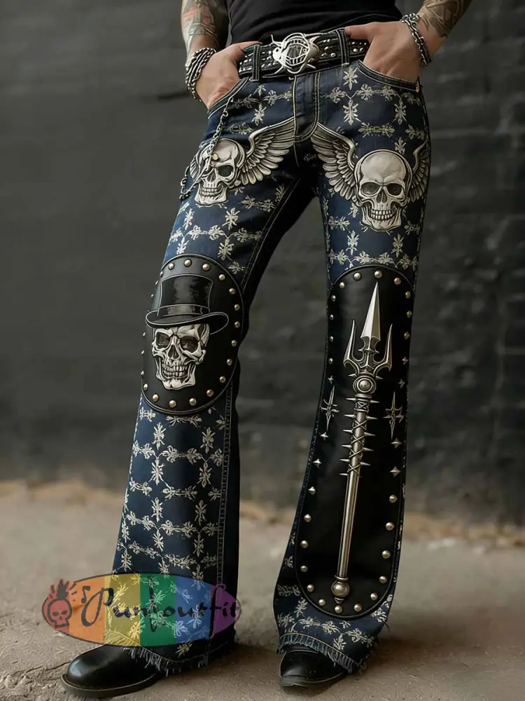 Men’s Vintage Punk Rock Skull Cross Patchwork Print Comfortable Pants