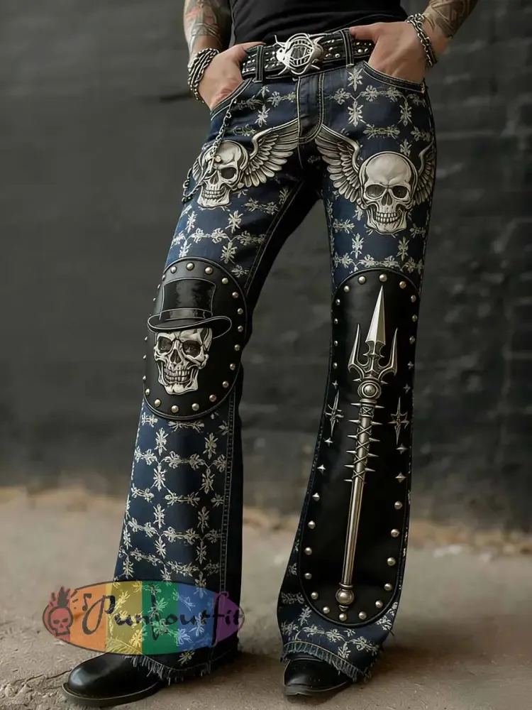 Men’s Vintage Punk Rock Skull Cross Patchwork Print Comfortable Pants