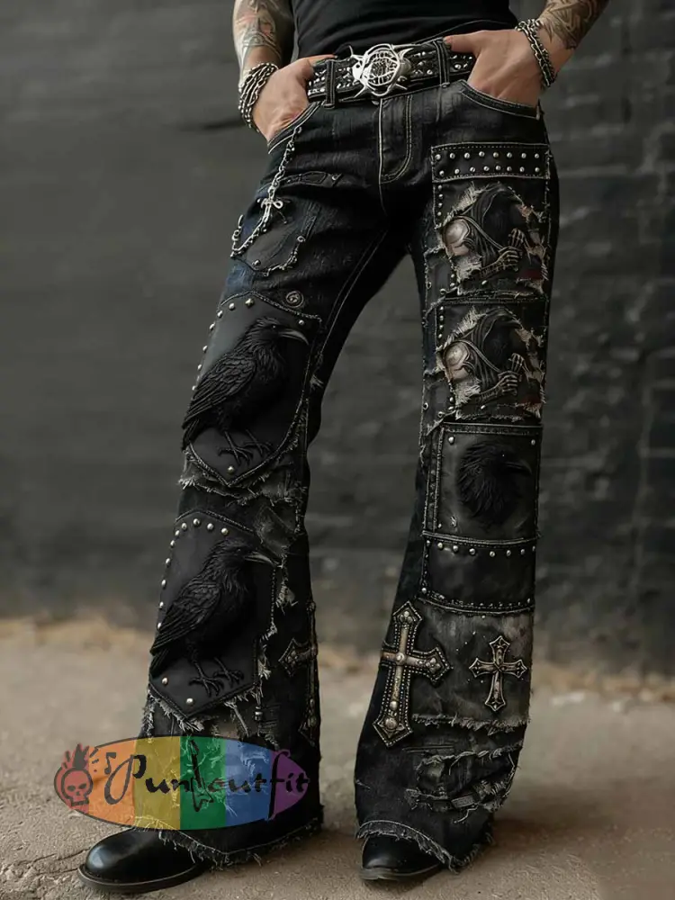 Men’s Vintage Punk Rock Skull Cross Patchwork Print Comfortable Pants