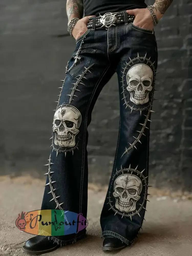 Men’s Vintage Punk Rock Skull Cross Patchwork Print Comfortable Pants