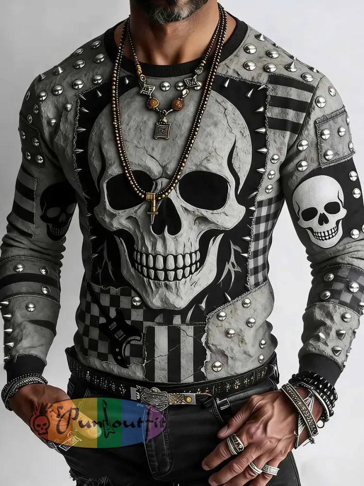 Men’s Vintage Punk Rock Skull Cross Patchwork Print Comfortable Sweatshirt