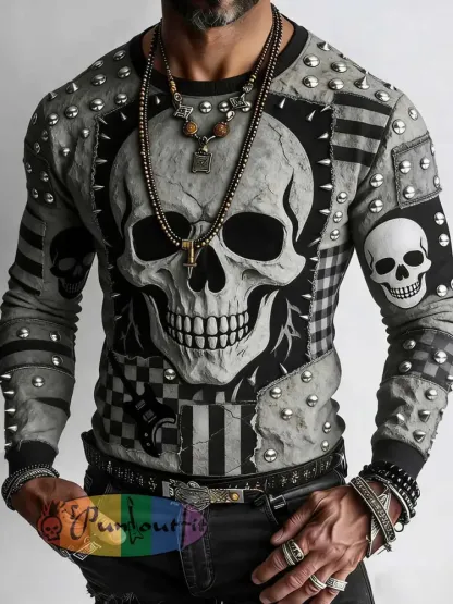 Men’s Vintage Punk Rock Skull Cross Patchwork Print Comfortable Sweatshirt