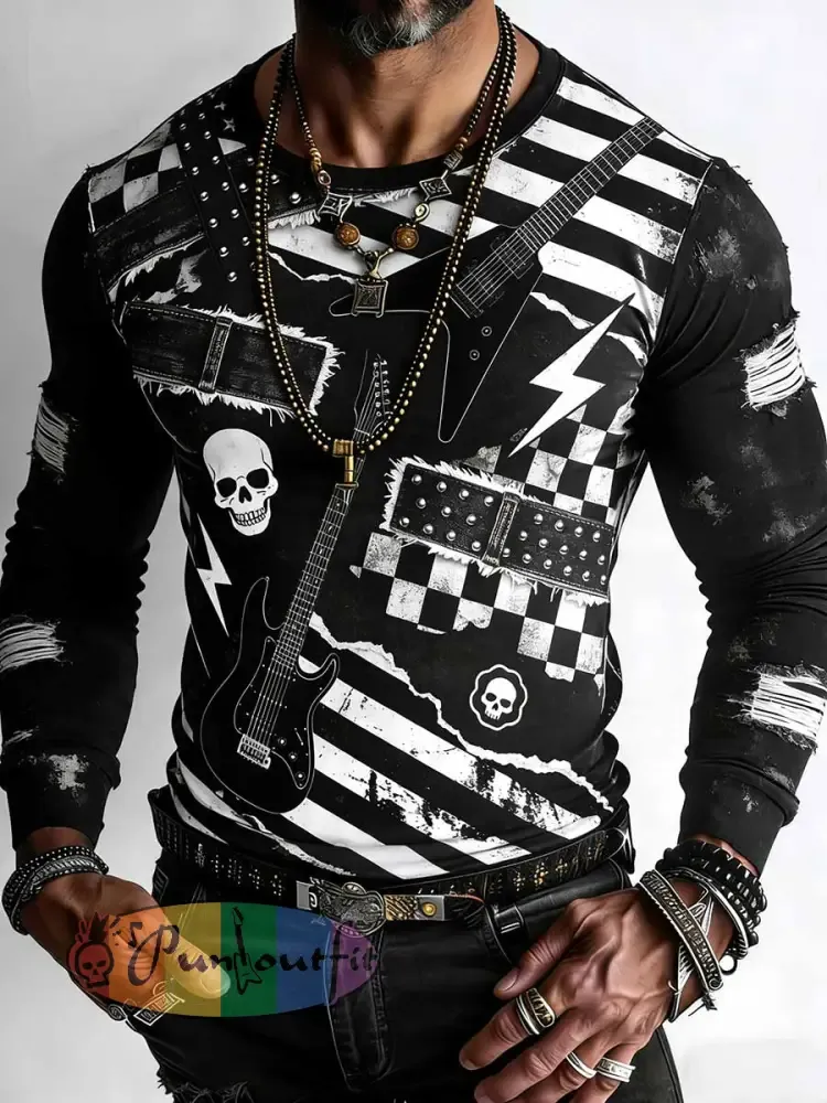 Men’s Vintage Punk Rock Skull Cross Patchwork Print Comfortable Sweatshirt