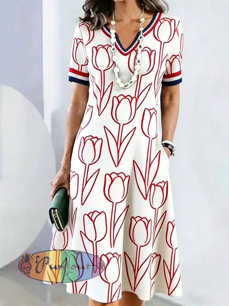 Women’s White Dutch Mother’s Day Gift Tulip-Print Casual V-Neck Dress