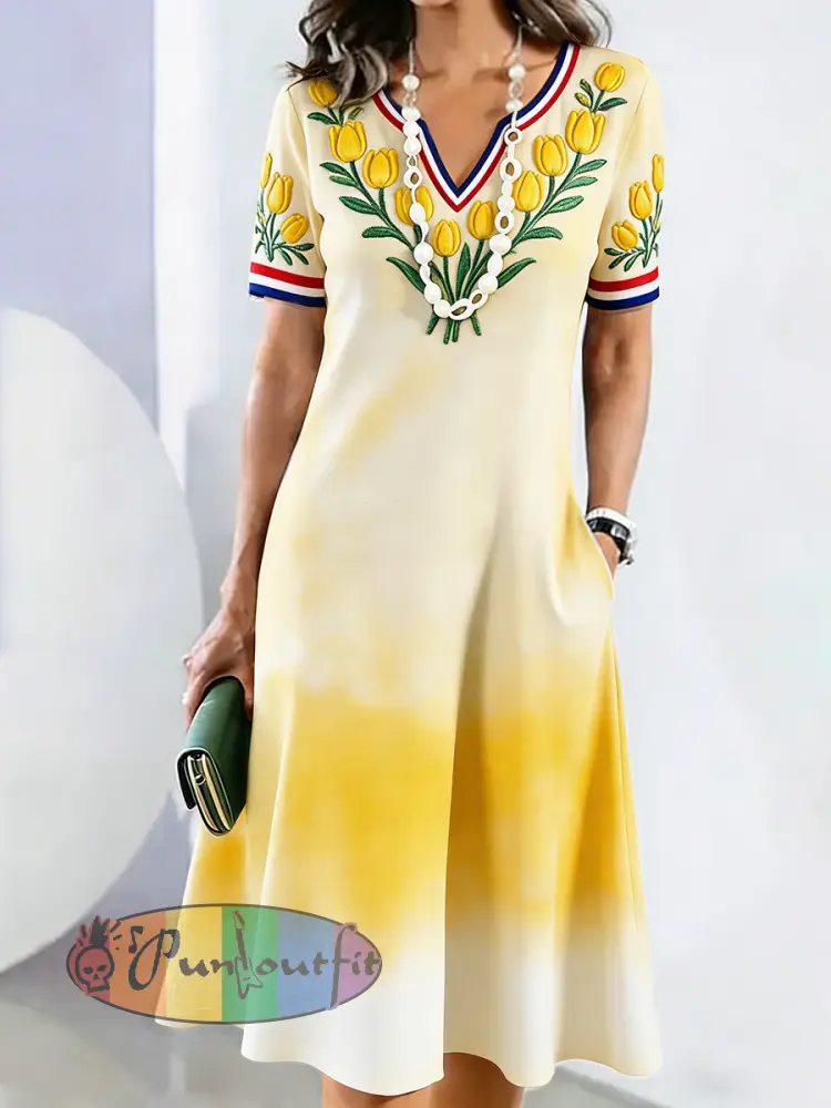 Women’s Yellow Tulip Floral Print Mother’s Day Gift Casual V-neck Dress