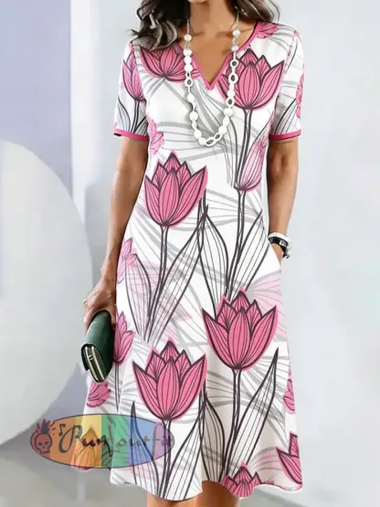 Women’s Pink Tulip Floral Print Mother’s Day Gift Casual V-neck Dress