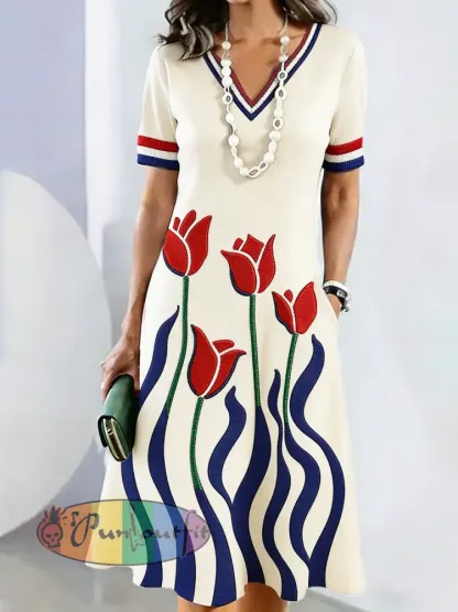 Women’s Tulip Floral Print Mother’s Day Gift Casual V-neck Dress